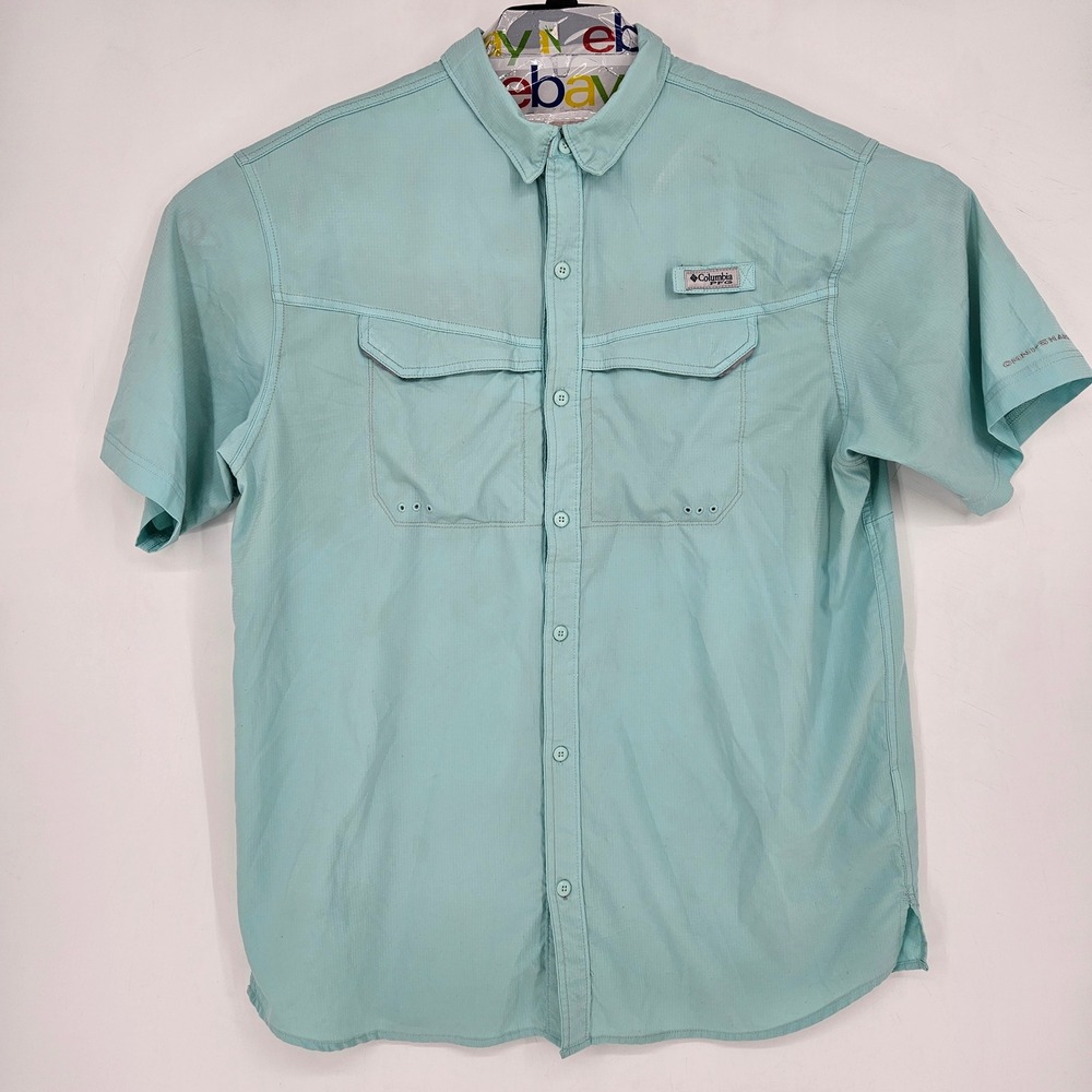 Columbia Shirt Mens XL Blue Teal Vented Fishing Omni Shade Button Down FLAWS